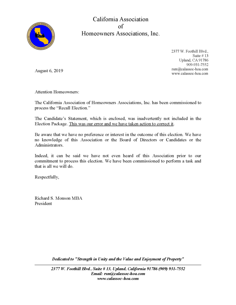 LETTER TO COWELL HOMEOWNERS 862019 Walnut Country